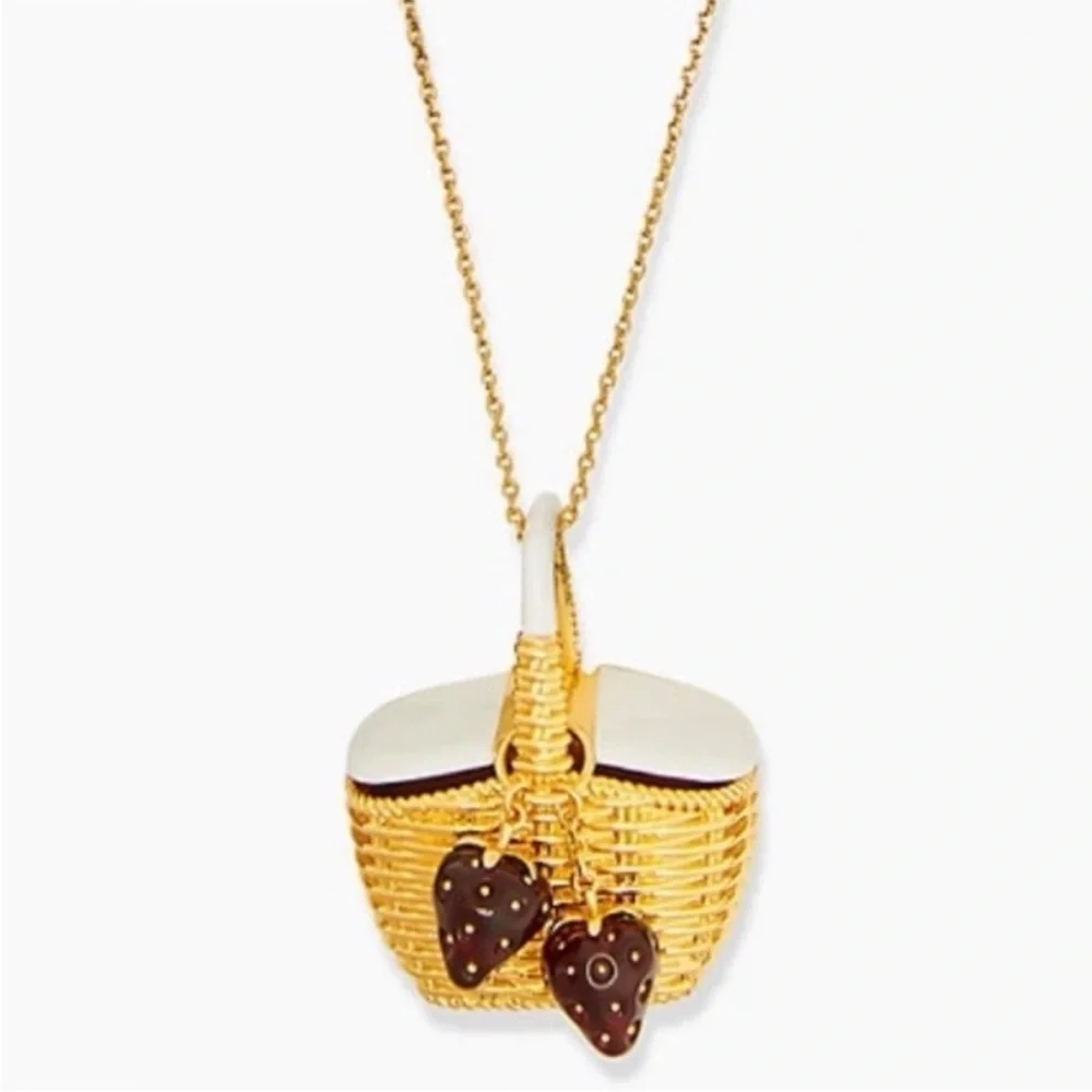 KATE SPADE Gold Picnic Basket Strawberry Long Pendant Statement Necklace